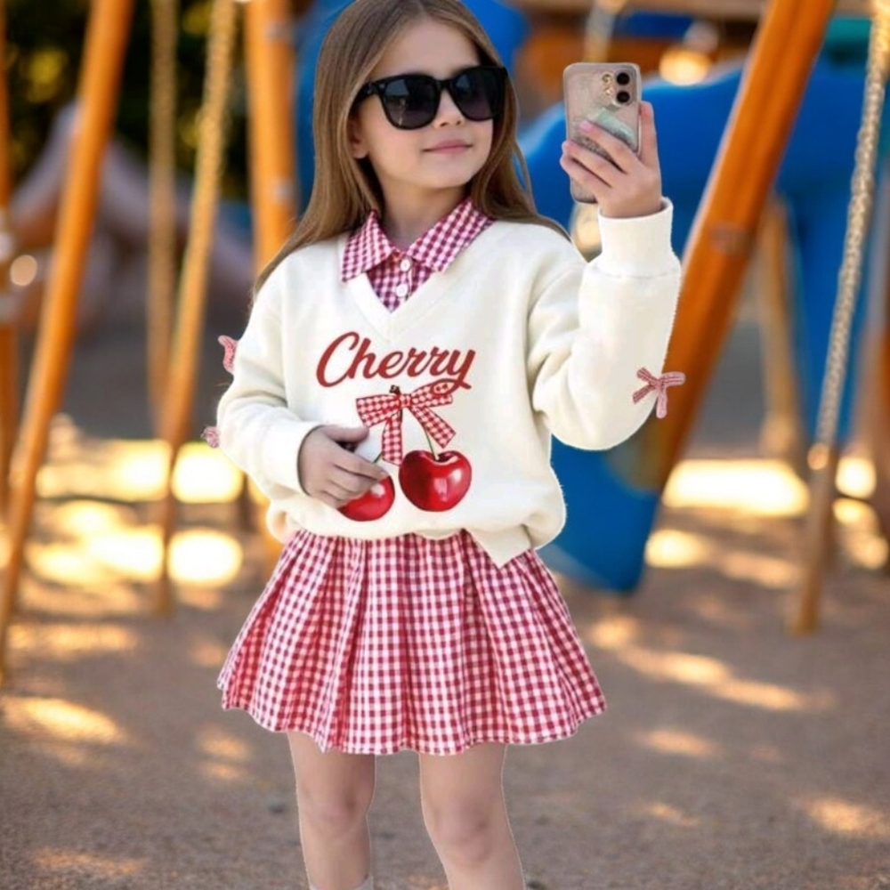 Cherry Print Sweater and Red Gingham Skirt Set